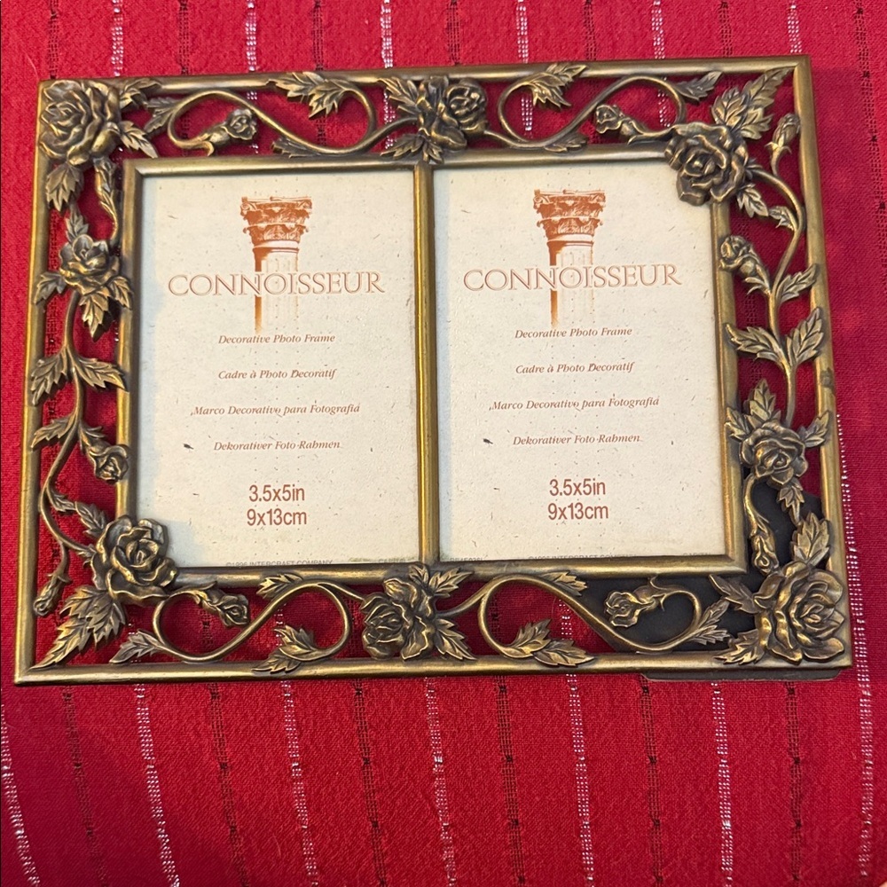 Vintage 1996 Connoisseur Ornate Floral Brass Double Photo Frame ea. 3.5”x5”